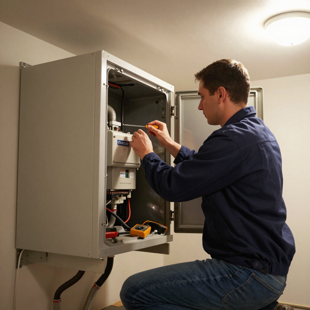 Technician kneeling, repairing an open electrical panel with tools in a utility room.