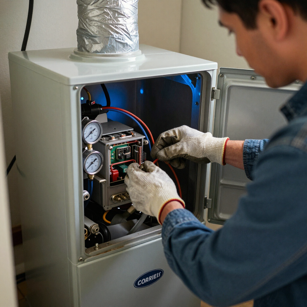 Technician adjusting controls inside an open metal cabinet with gauges and blue indicator lights
