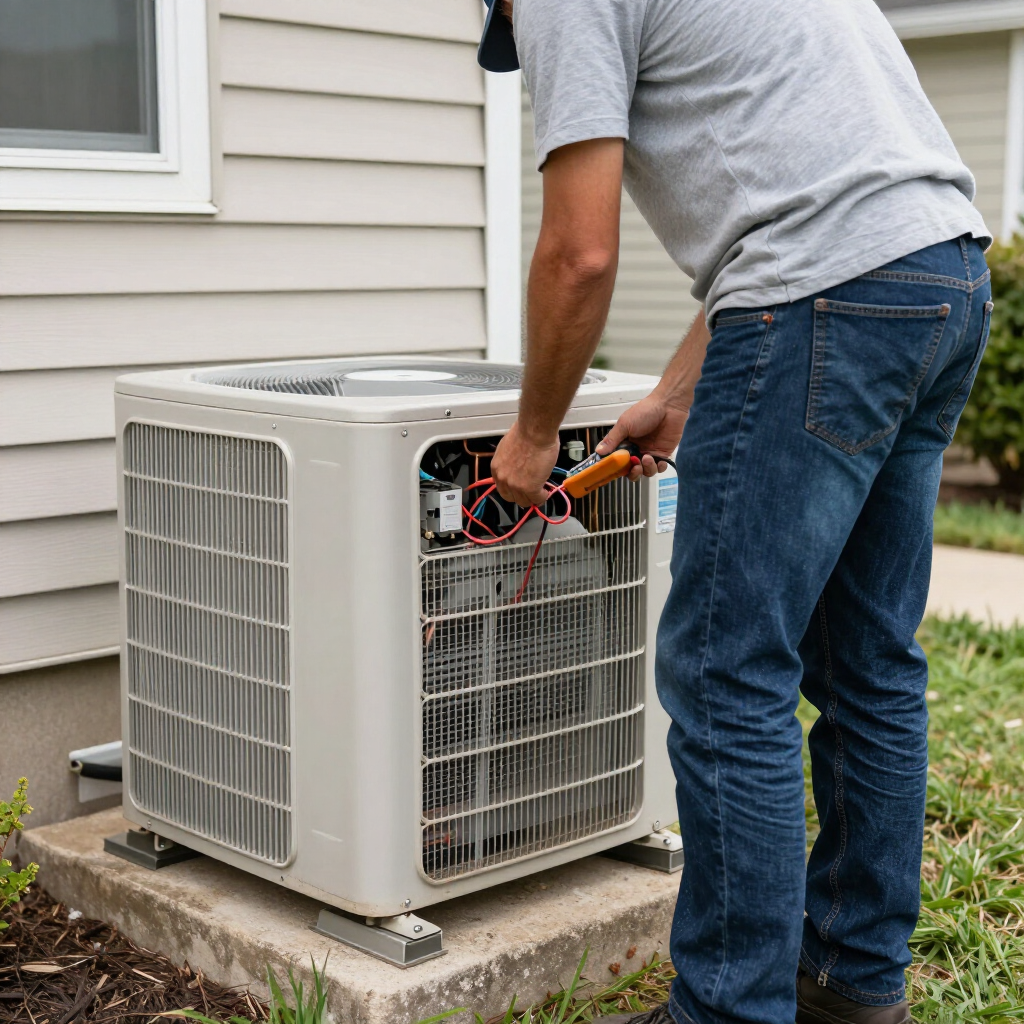 Technician repairing an outdoor air conditioning unit beside a house.