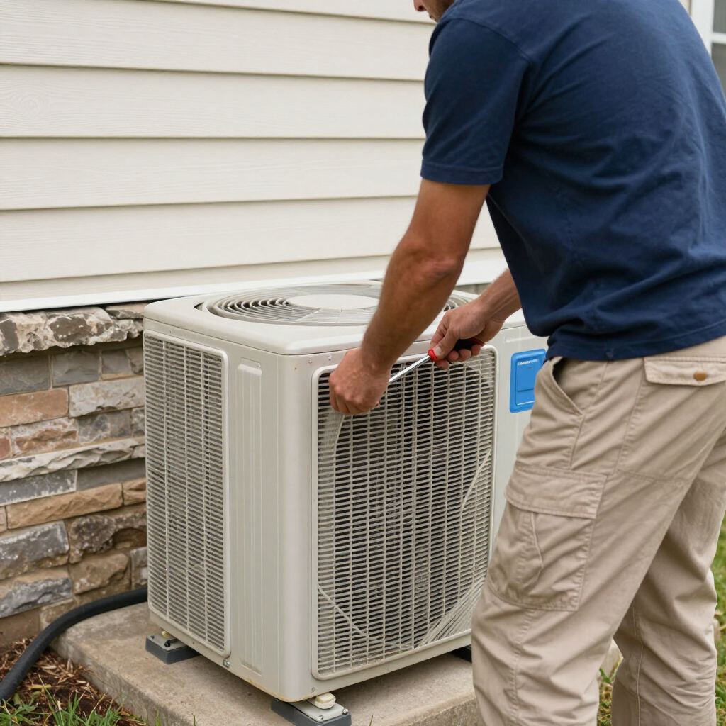 Technician installing an outdoor air conditioner unit beside a house