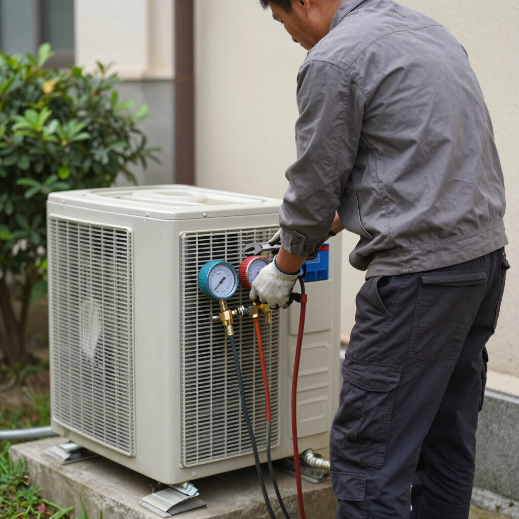 Technician using gauges to service an outdoor air conditioner unit