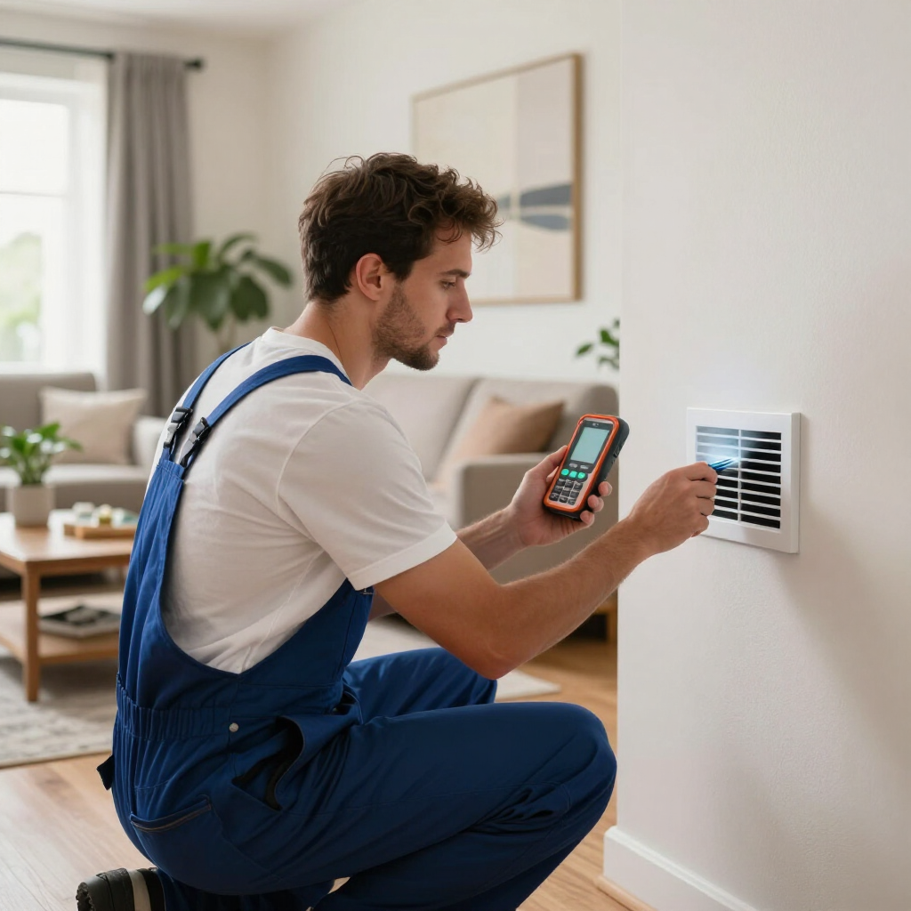 Person kneeling by a wall vent, using a smartphone to adjust home heating or cooling settings
