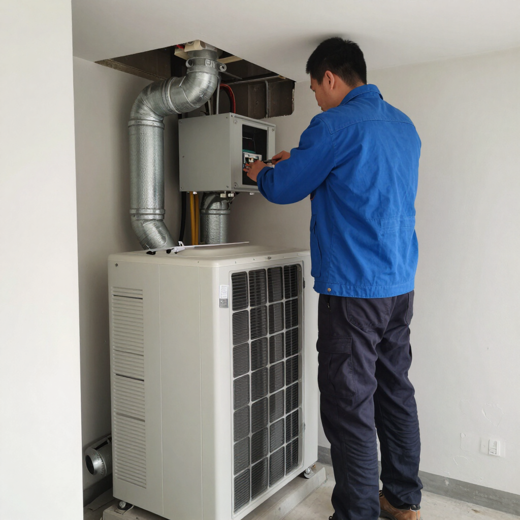Technician inspecting a wall-mounted HVAC unit with exposed ductwork in a utility room