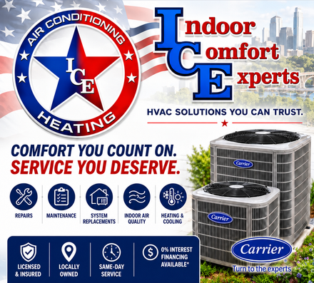 Blue-and-white HVAC ad with Carrier units, “Indoor Comfort Experts,” and “Comfort you count on” text