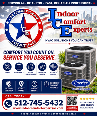 Indoor Comfort Experts HVAC ad with blue-red logo, Carrier units, service icons, and phone number 512-745-5432