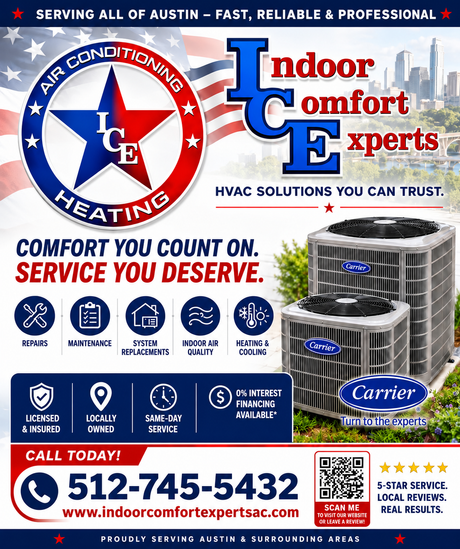 Indoor Comfort Experts HVAC ad with blue-red logo, Carrier units, service icons, and phone number 512-745-5432