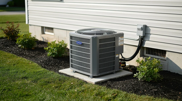 Outdoor air conditioner unit beside a house, with grass and shrubs nearby.