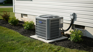 Outdoor air conditioner unit beside a house, with grass and shrubs nearby.