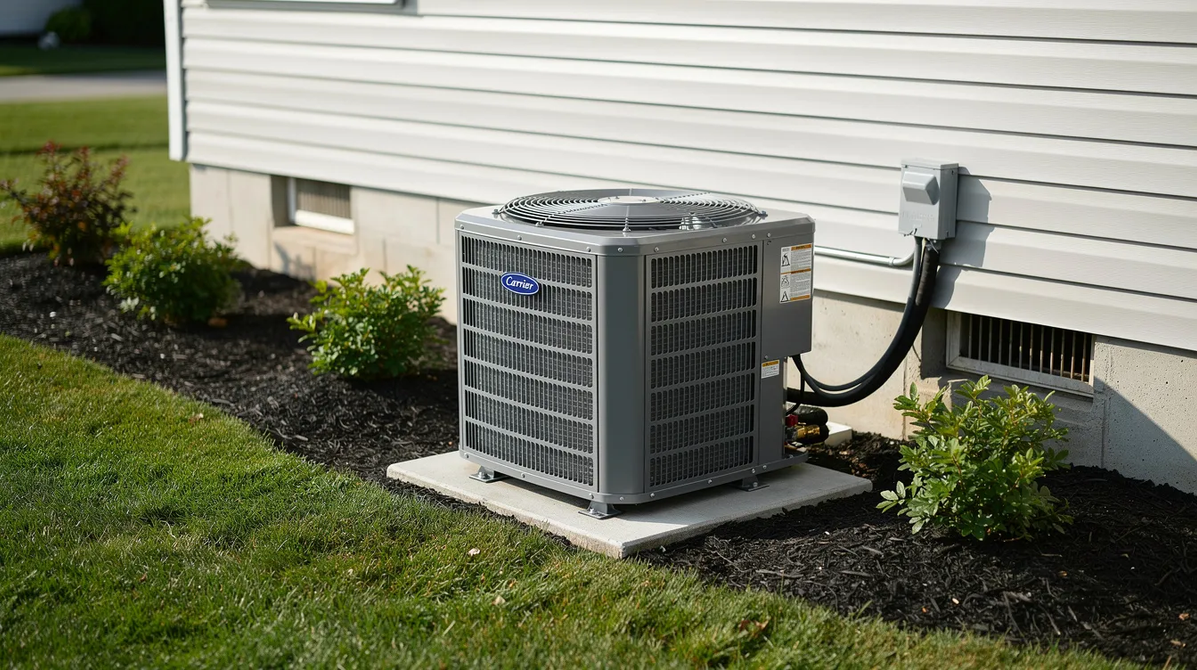 Outdoor air conditioner unit beside a house, with grass and shrubs nearby.
