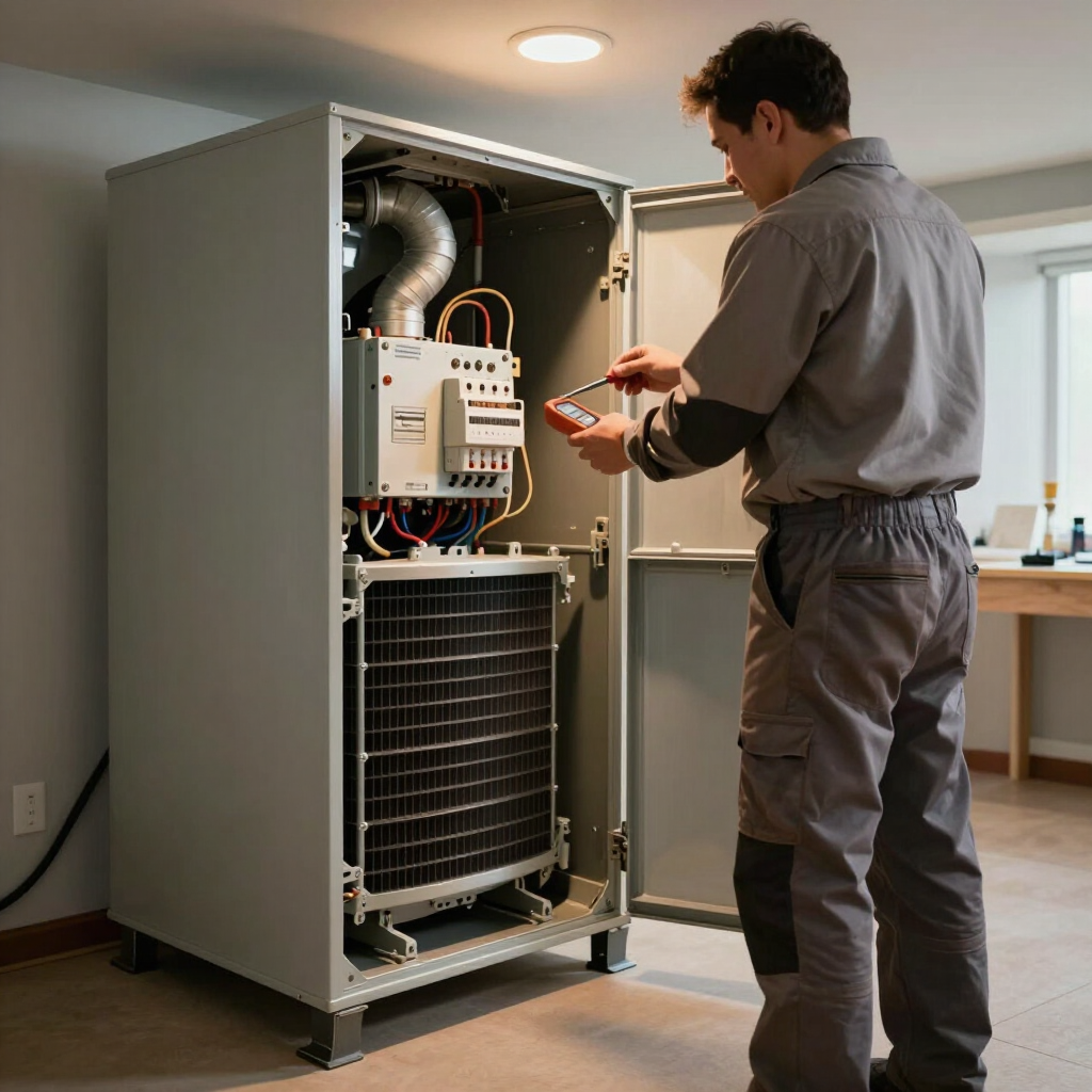 Technician inspecting an open HVAC unit with wiring and controls in a utility room