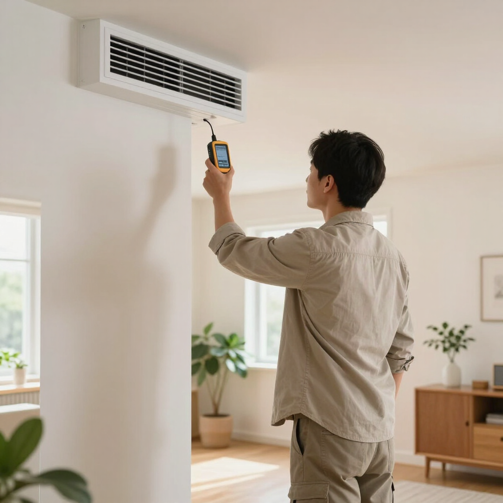 Technician using a handheld meter to inspect a ceiling vent in a bright living room