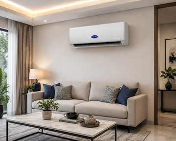 Modern living room with beige sofa, wall-mounted air conditioner, coffee table, lamp, and large window with curtains