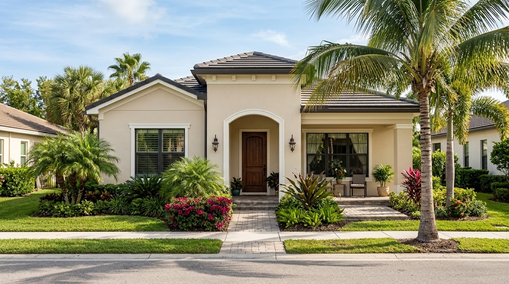 Single-story beige house with a tiled roof, arched entry, palm trees, and a manicured front yard.