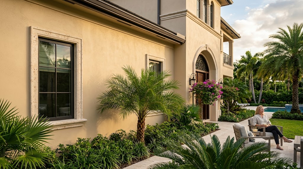 Luxury villa patio with palm trees, flowers, and two people sitting on a lounge chair by the entrance.