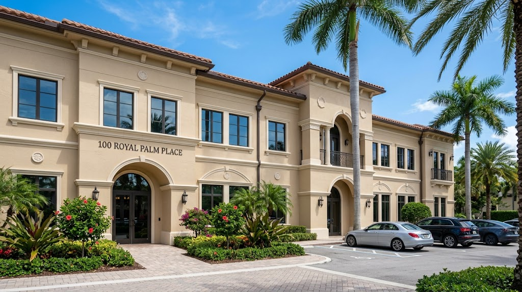 Tan stucco office building with arches, palm trees, and parked cars under a blue sky
