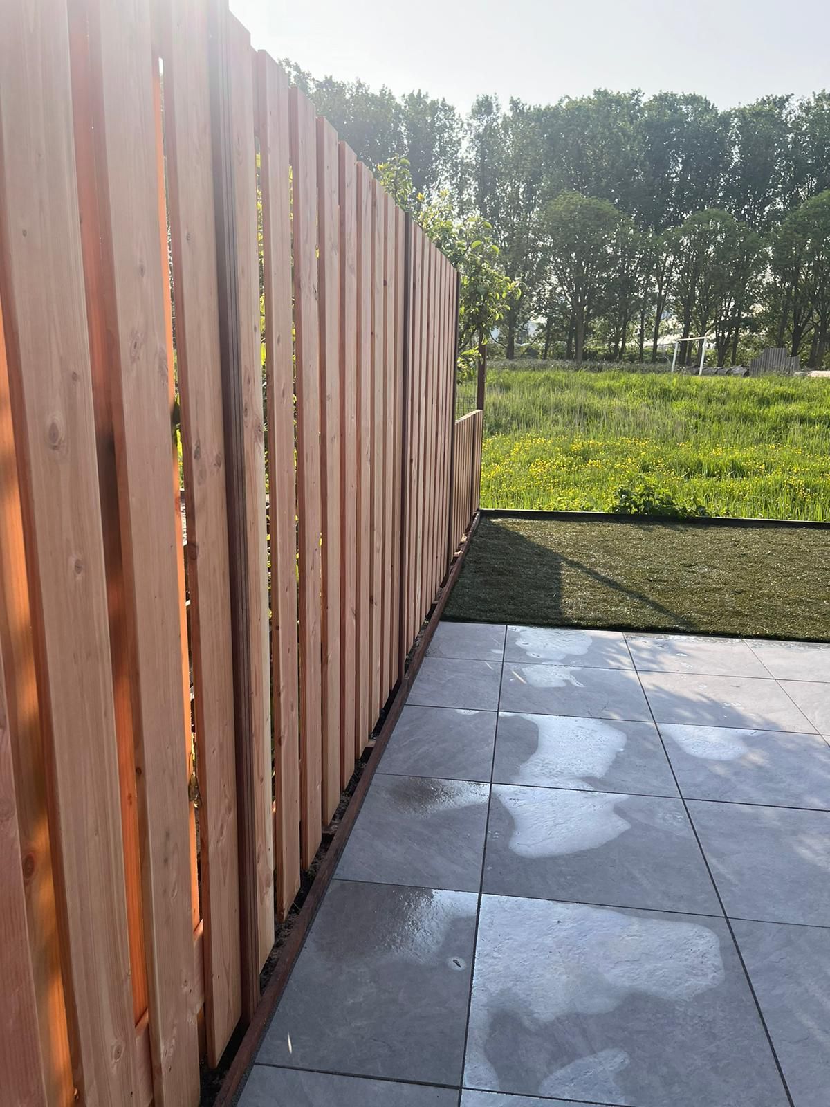 Houten schutting naast grijze terrastegels; gras en bomen op de achtergrond.
