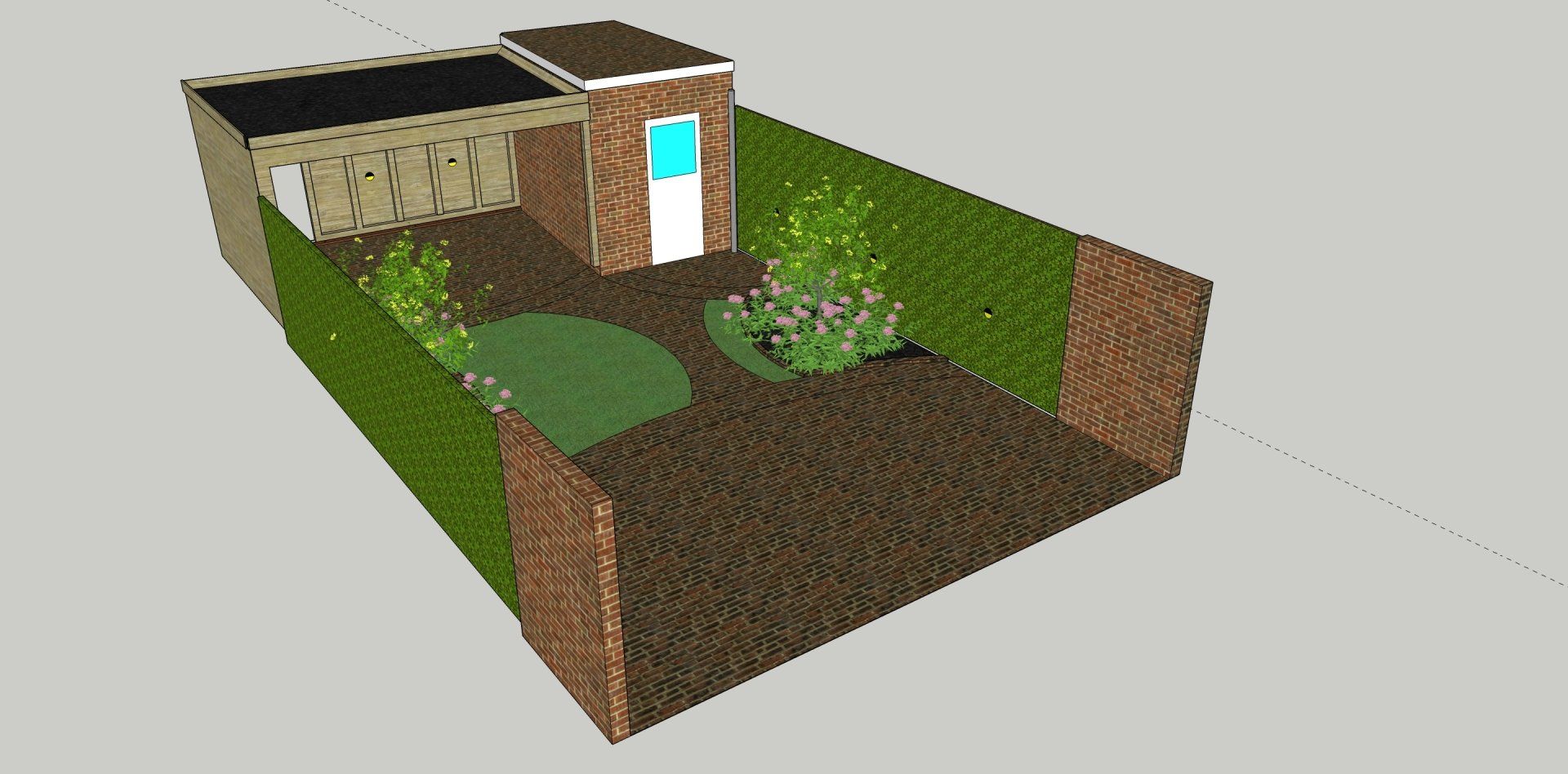 3D-model van een tuin met een schuur, hagen en twee schuttingen. De grond is bruin, de lucht is grijs.