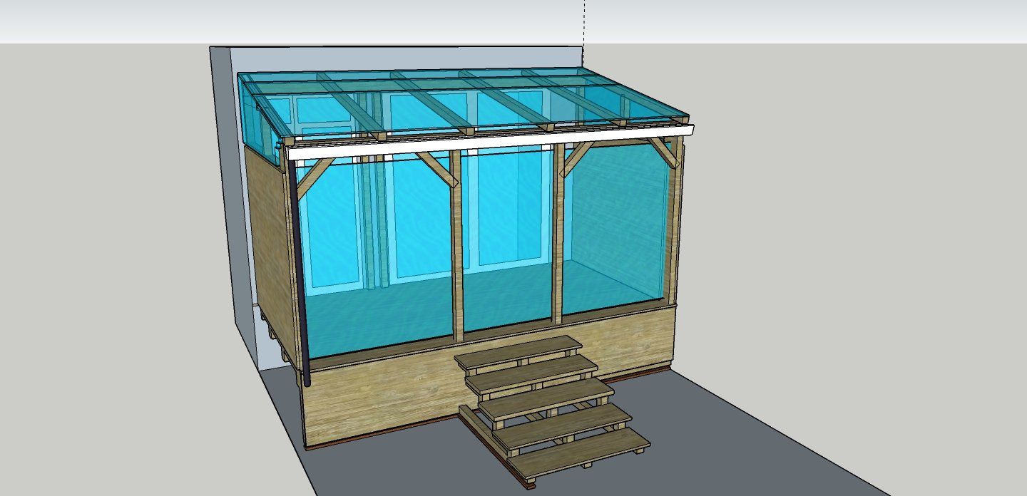 Een perspectieftekening van een afgesloten houten patio met transparant dak, blauw glas en trappen.