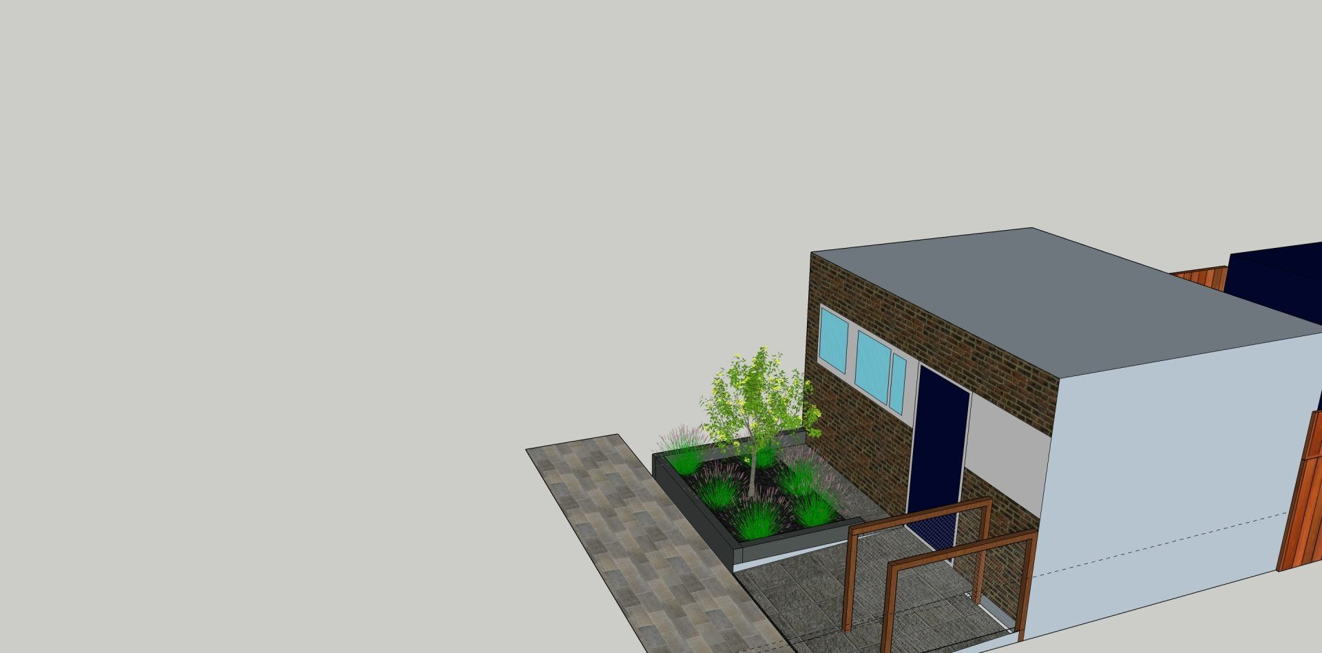 3D-weergave van een gebouw met een plat dak, een kleine tuin en een pad ervoor. Lichtgrijze achtergrond.