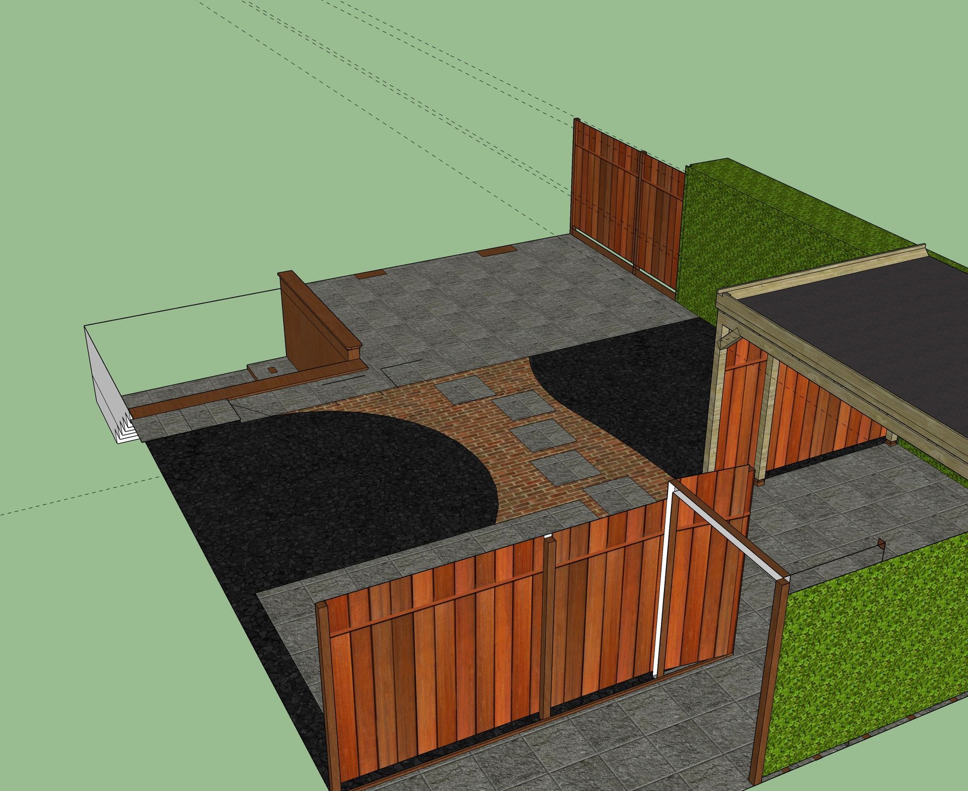 3D-weergave van een achtertuin met een betegeld terras, houten schutting en schuur met een groen dak.