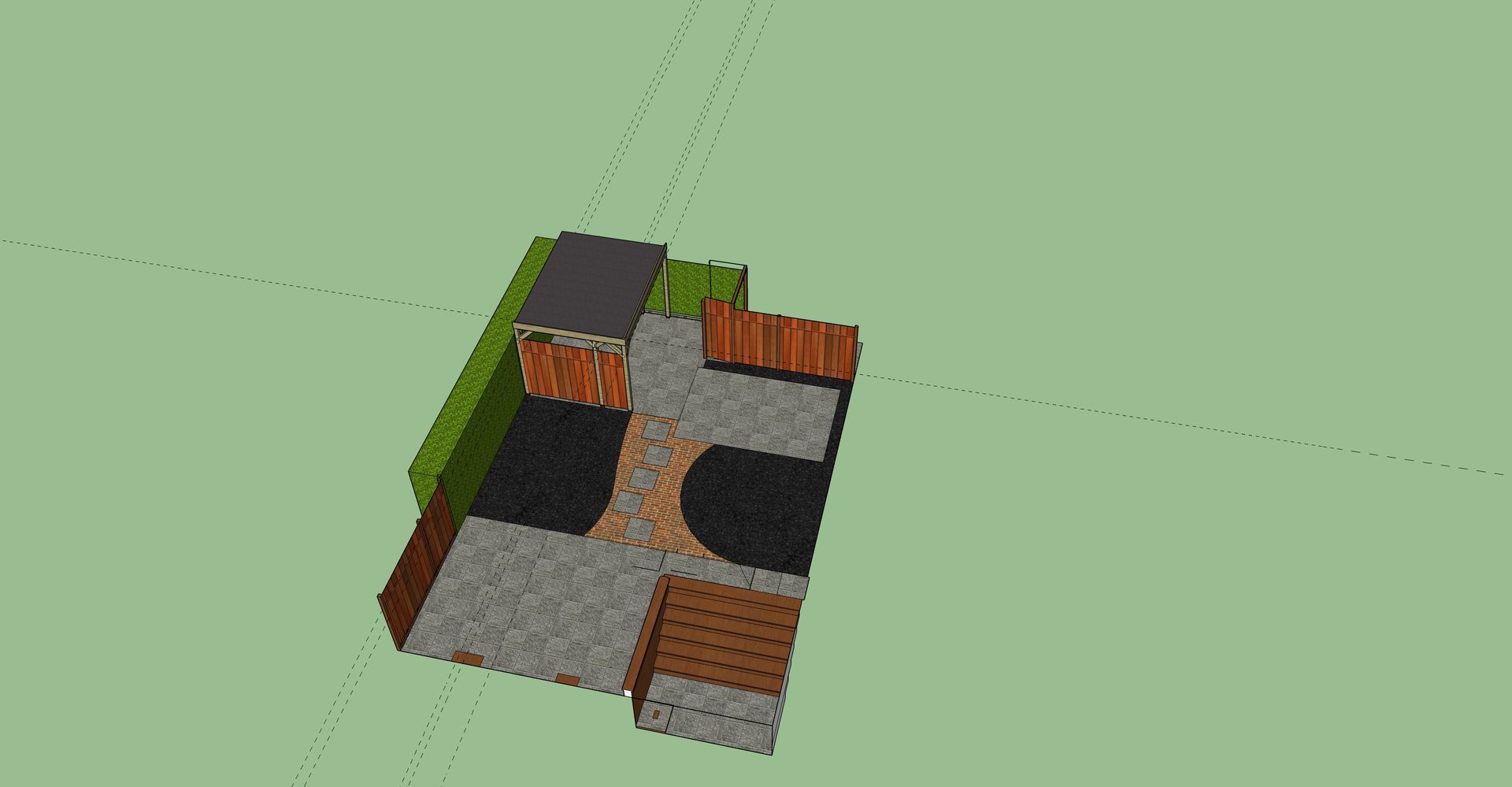 3D-model van een gebouw met blokken in verschillende texturen: groen, zwart, oranje en grijs.