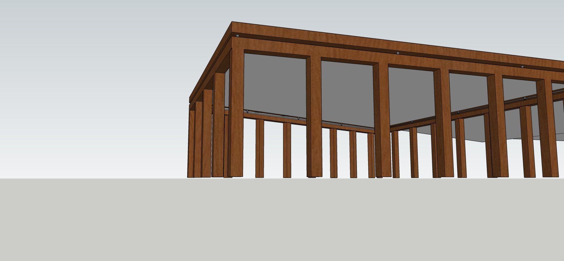 3D-weergave van een houten pergola met donkergrijze panelen, tegen een lichtgrijze achtergrond.
