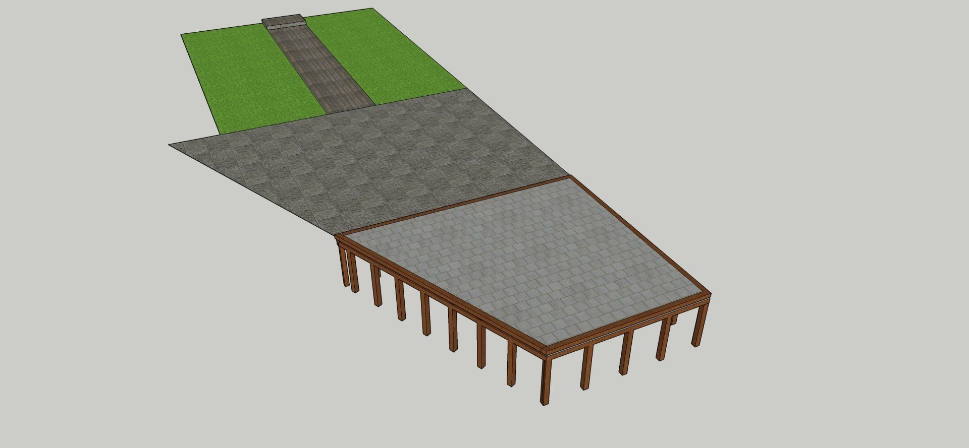 3D-weergave van een houten steiger die uitsteekt vanuit groen gras en grijze bestrating.