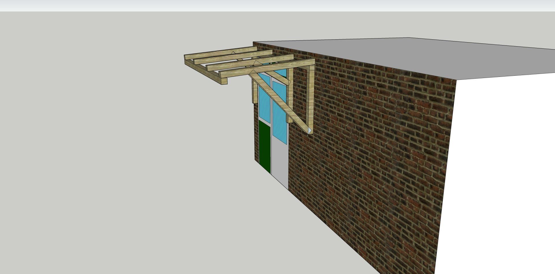 Buitenzijde van een bakstenen gebouw met raam en houten luifel.