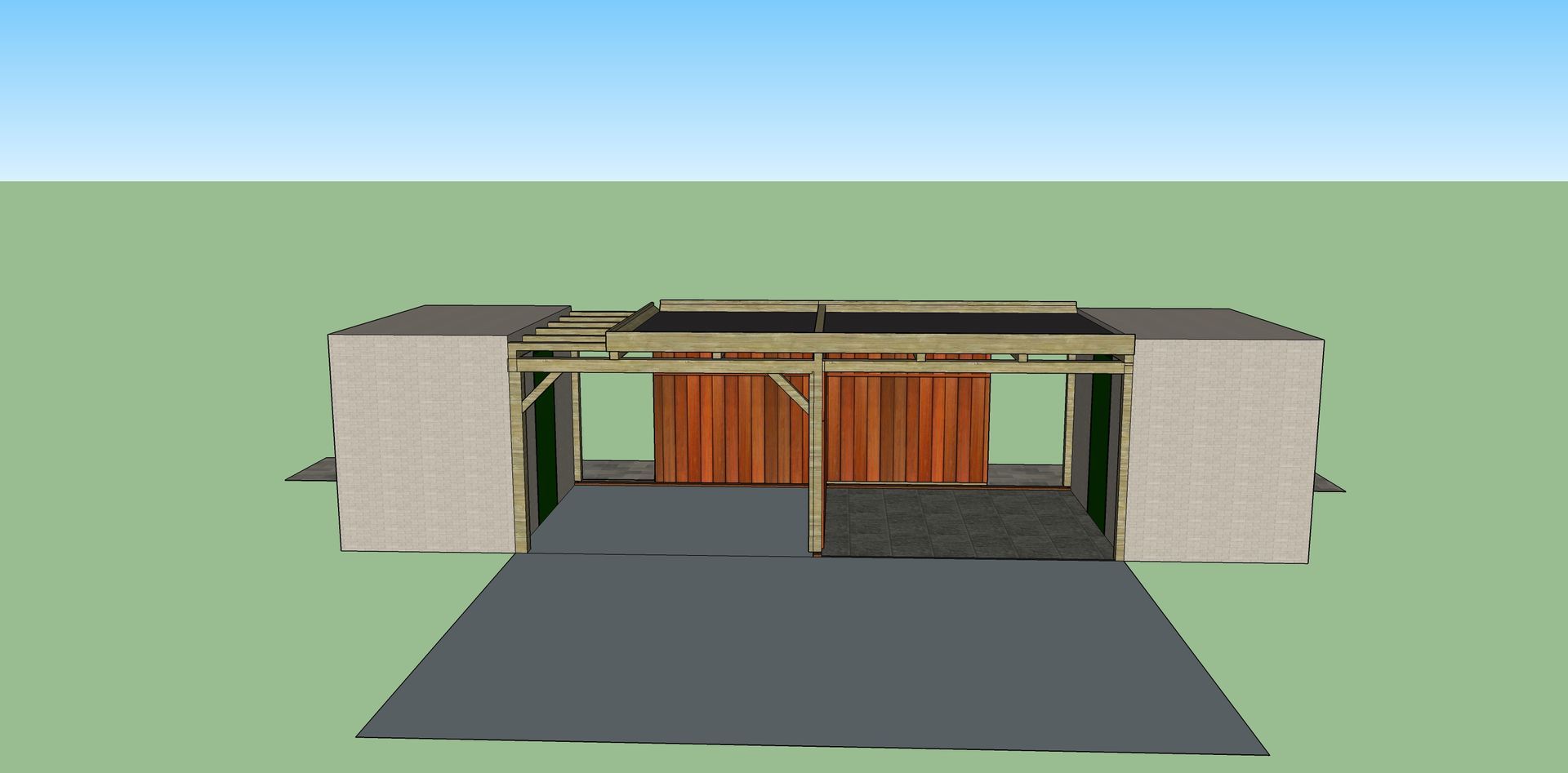 Een digitale weergave van een podium, met rode gordijnen, een houten frame en lichtgekleurde muren.