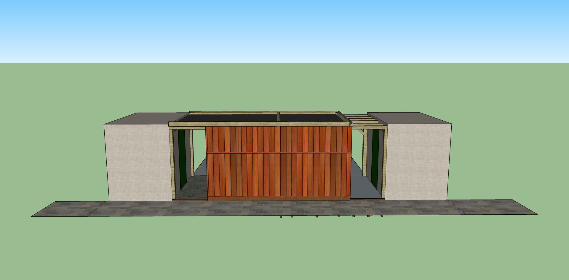 Een maquette van een gebouw met een houten ingang en witte muren.