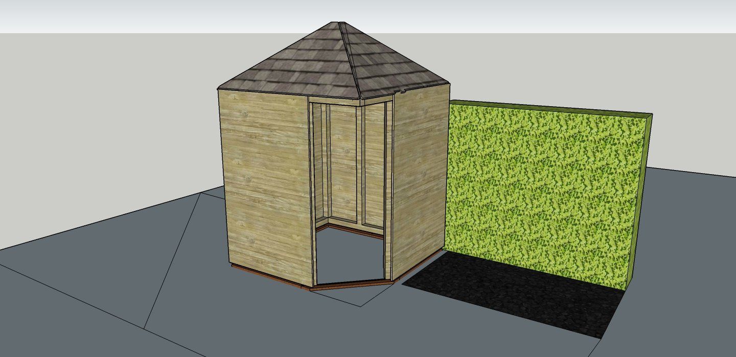 Een 3D-model van een beige tuinpaviljoen met een bruin dak en een groene haag op een grijze ondergrond.
