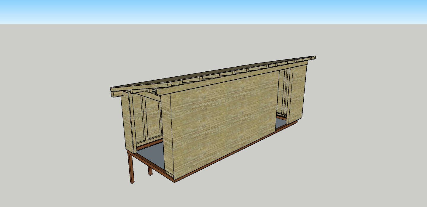 Een eenvoudige architectonische tekening van een schuilplaats met een schuin dak en houten steunbalken, tegen een blauwe lucht.