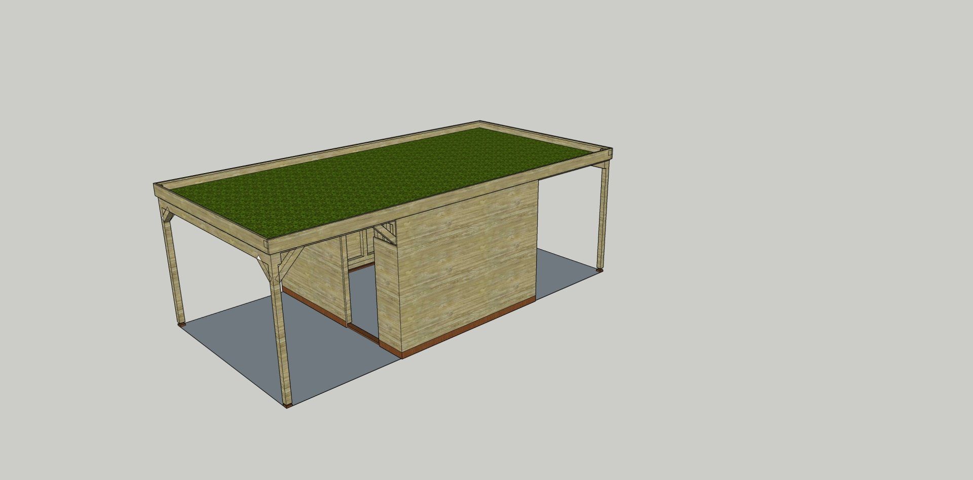 Onder een carport bevindt zich een klein gebouwtje met een groen dak, lichtbruine muren en een deur.