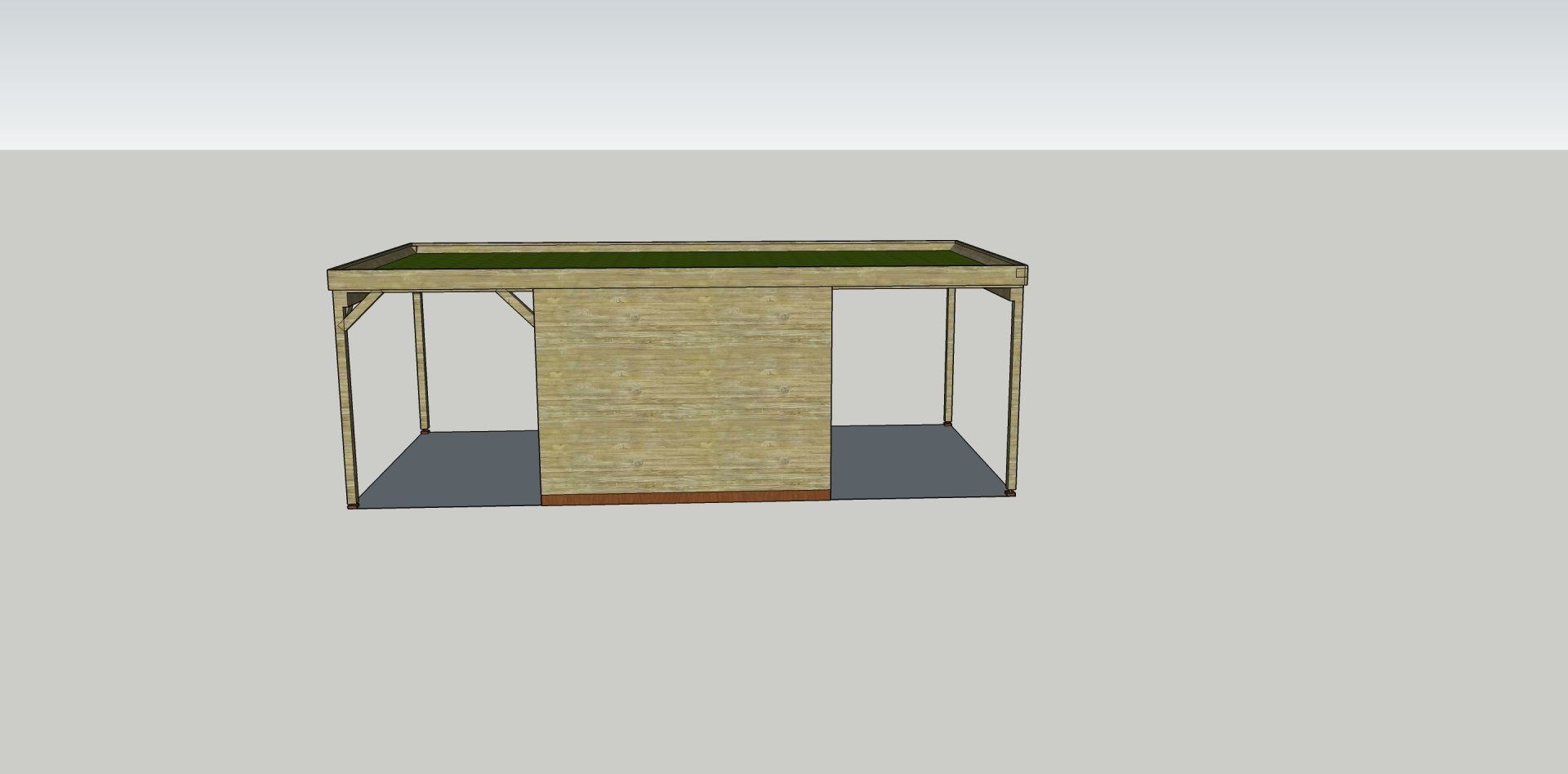 3D-weergave van een beige constructie met een plat dak. Het heeft een centrale muur en open zijkanten, die een schaduw werpen op een grijs oppervlak.