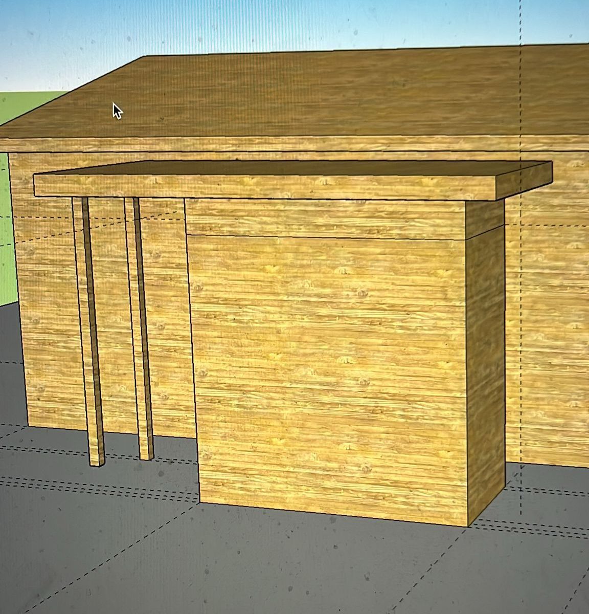 Houten gebouw met een schuurachtige aanbouw, mogelijk een ontwerpmodel.
