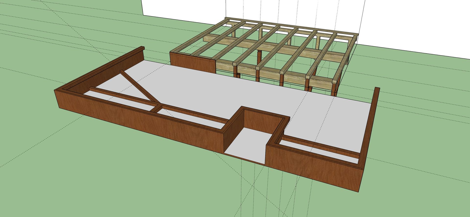 3D-model van de fundering en dakconstructie van een gebouw, op een groene ondergrond, met bruine muren en houten balken.