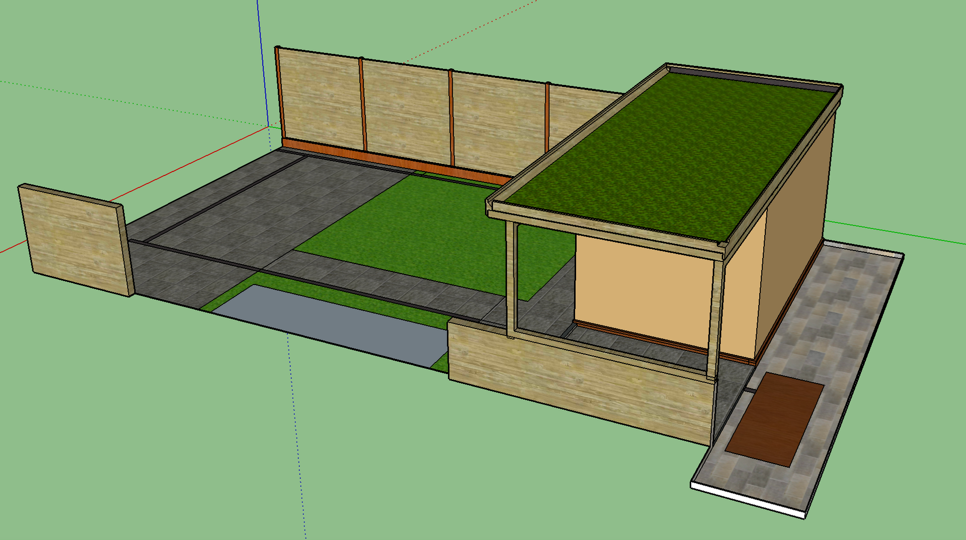 3D-weergave van een tuin met een klein schuurtje en een groen dak, een grasveld en betonnen paden.