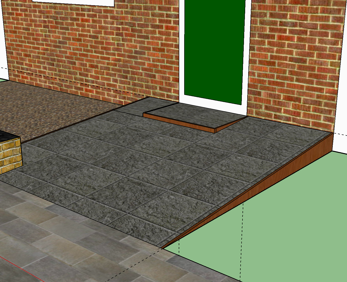 Een laag bakstenen gebouw met een betonnen terras, trappen en een hellingbaan voor toegankelijkheid.