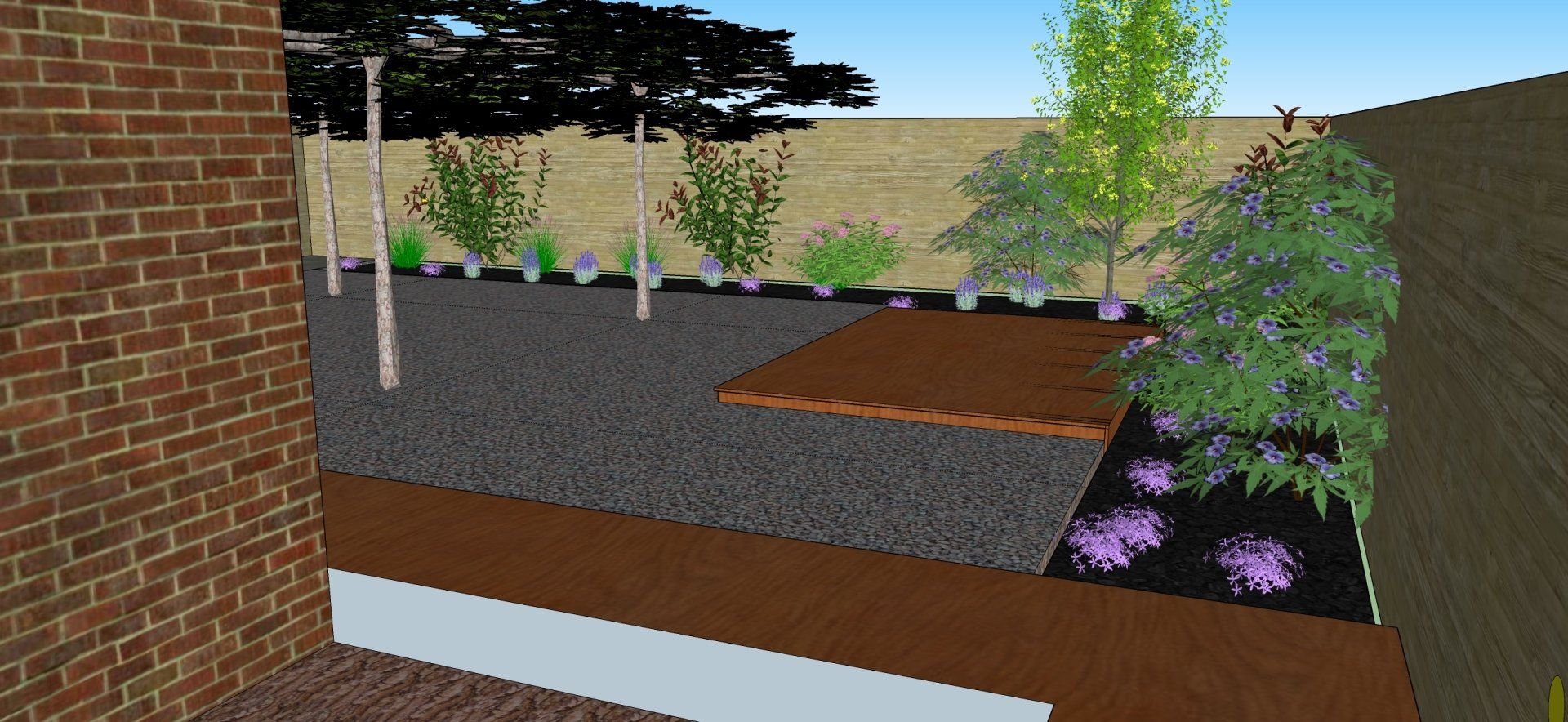 Een impressie van een modern tuinontwerp met een bakstenen muur, grind en planten.