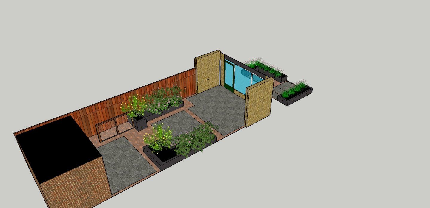 Isometrisch beeld van een modern terrasontwerp met plantenbakken, muren en schuifdeuren.