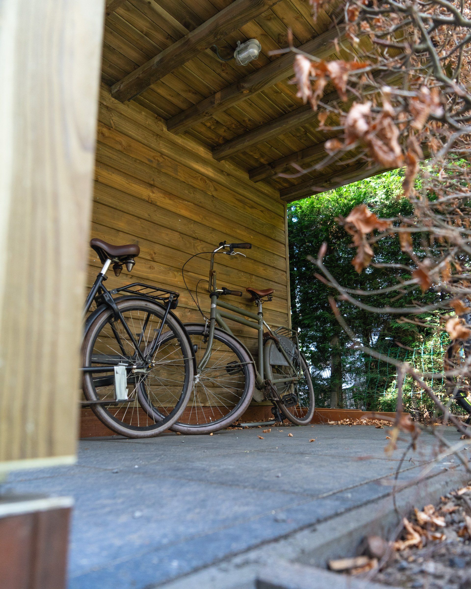 Twee fietsen geparkeerd onder een houten afdak, met begroeiing op de voorgrond.