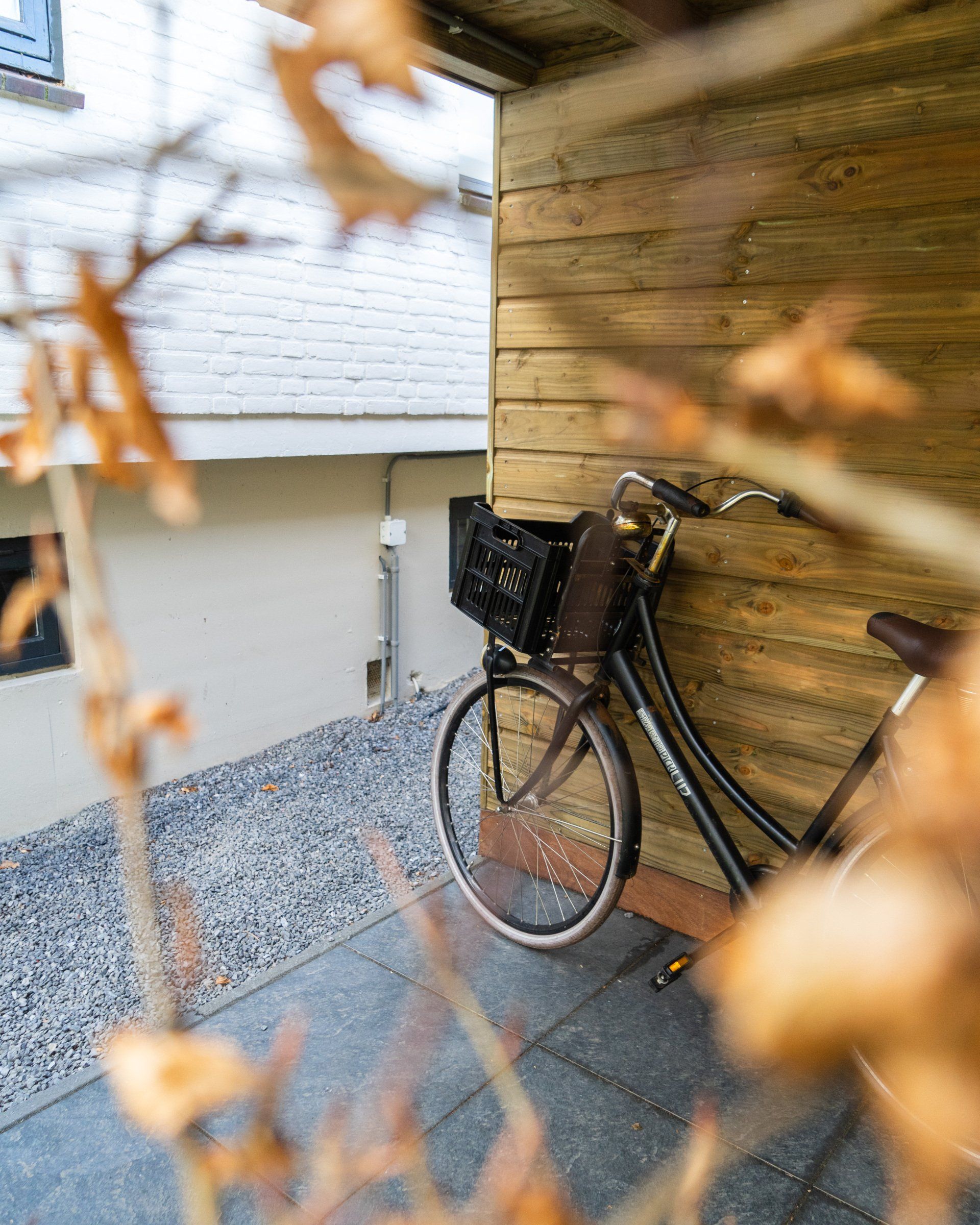 Een zwarte fiets met een zwart mandje staat geparkeerd naast een houten muur. Op de voorgrond zijn bladeren te zien.