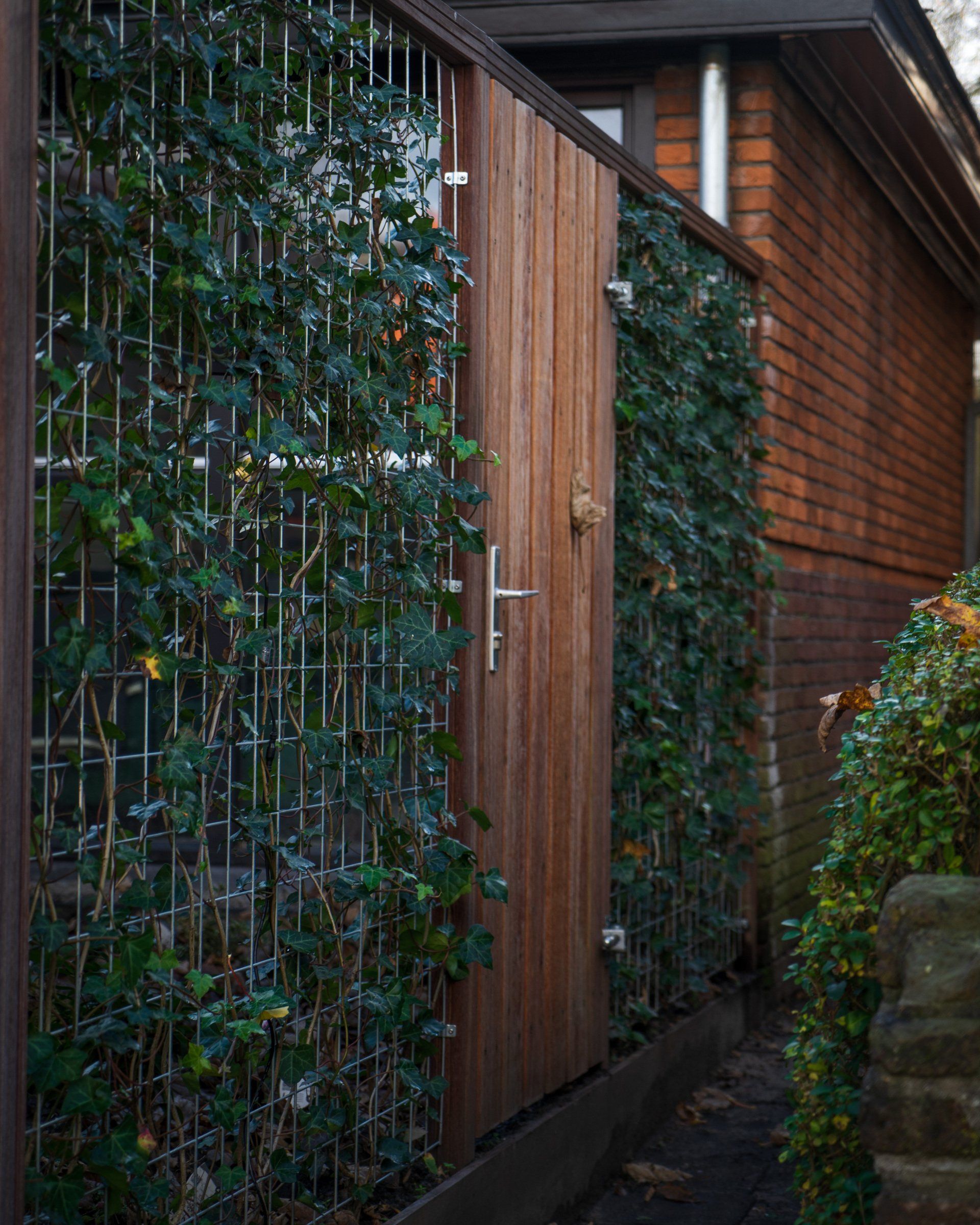 Een houten poort en hek, begroeid met groene klimplanten, staan naast een bakstenen gebouw.