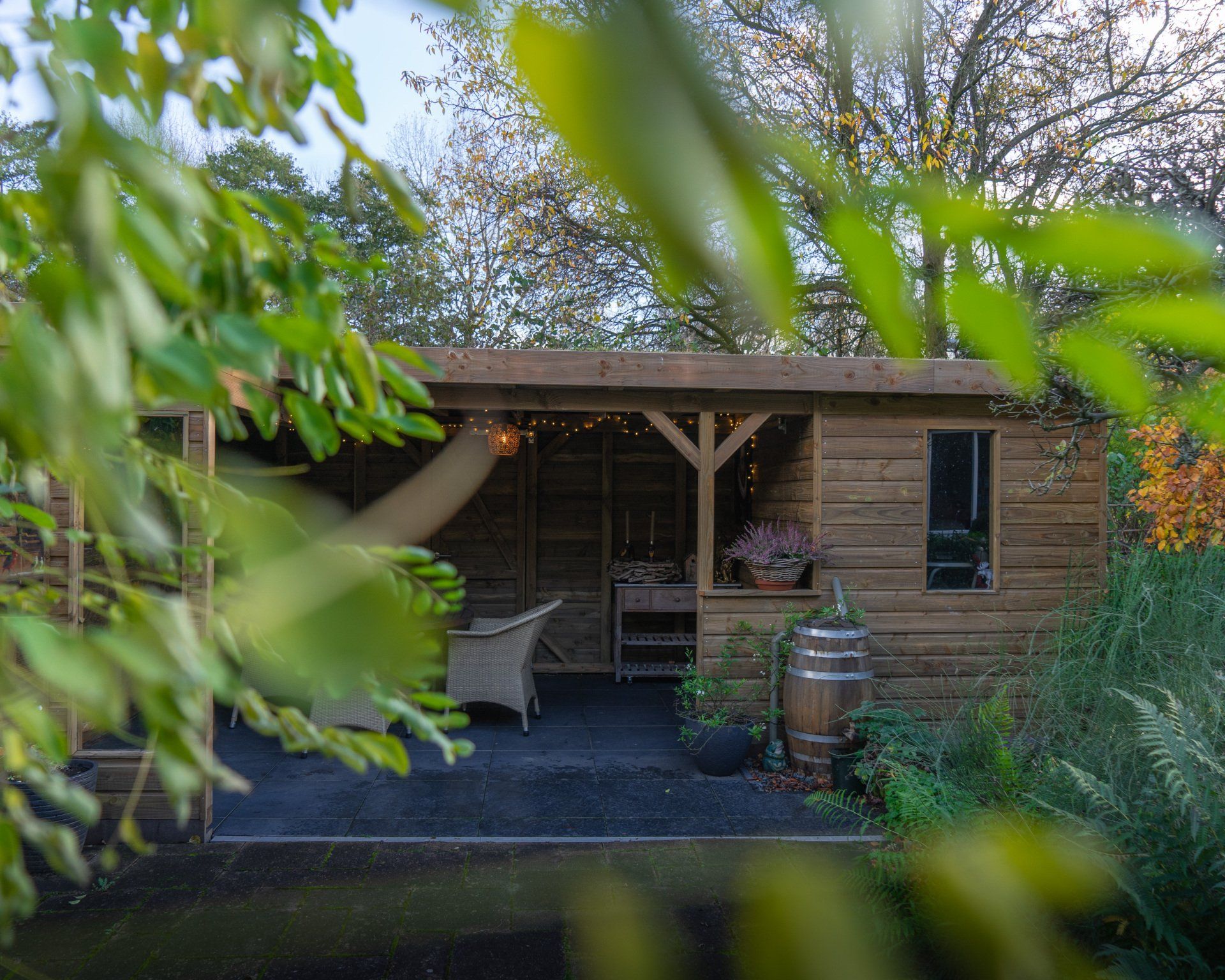 Houten schuurtje met lichtslingers, een tafel en een ton, in een tuin met veel groen.