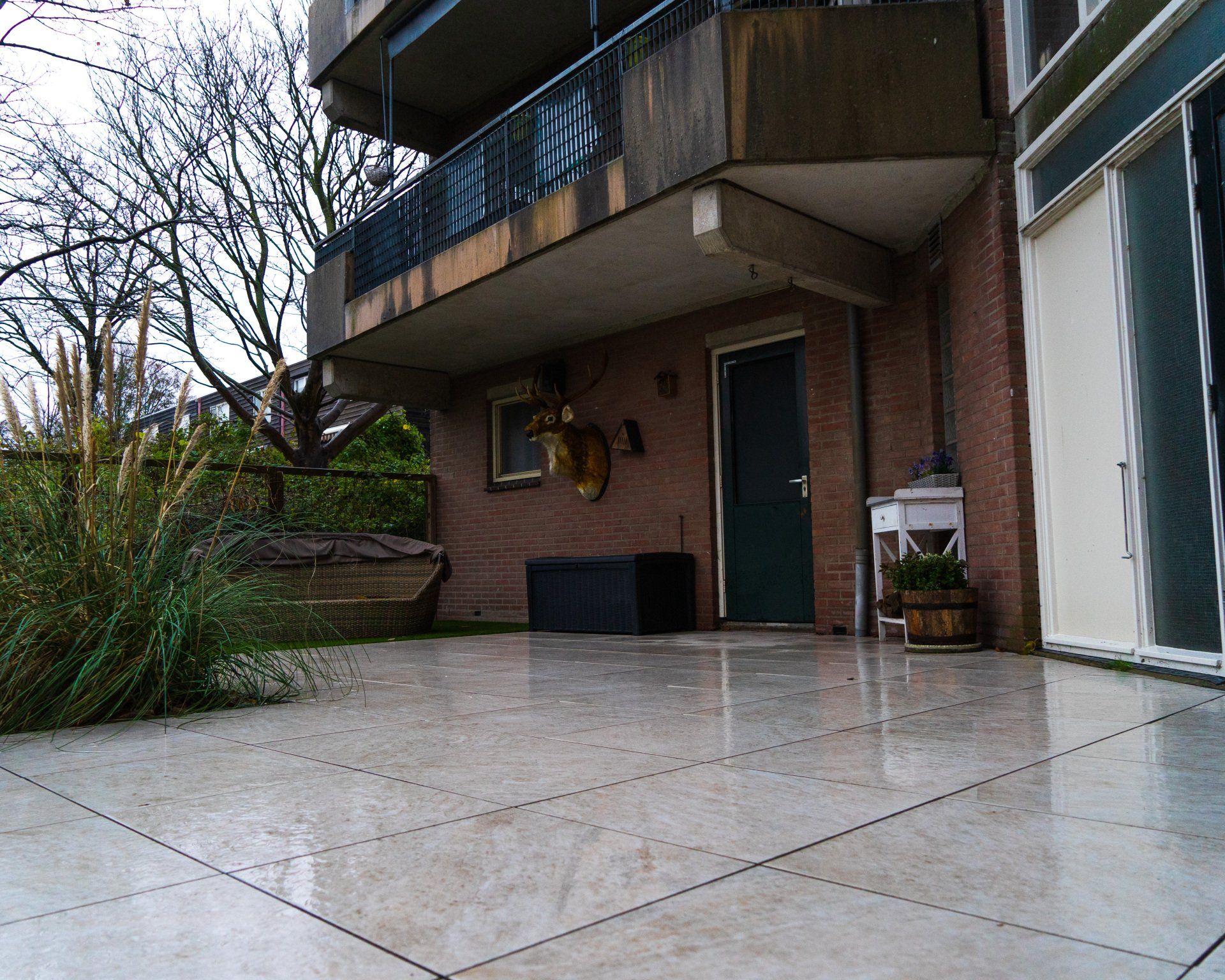 Natte buitenpatio met gebouw, deur, balkon en planten.