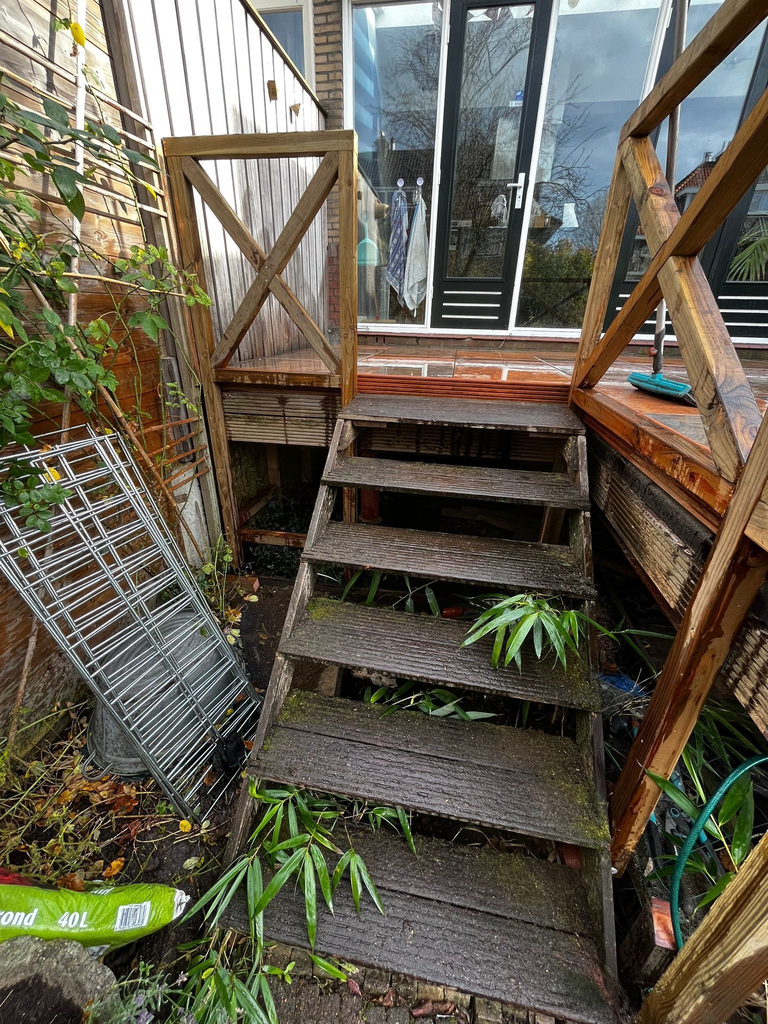 Houten trappen leiden naar een constructie met glazen wanden en een houten deur bovenaan. Nat en overwoekerd met planten.