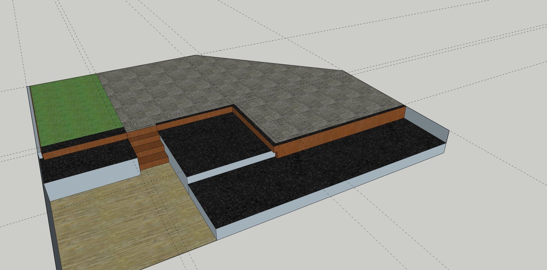 3D-model van een gebouw met een grasveld, een beige pad, een houten loopbrug en een donker dak.