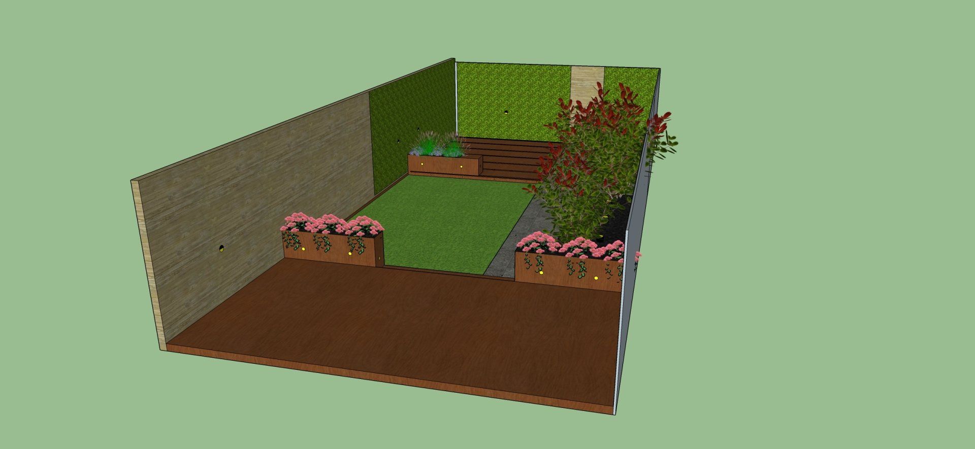 Een 3D-weergave van een kleine tuin met een verhoogd grasveld, planten en metselwerk.