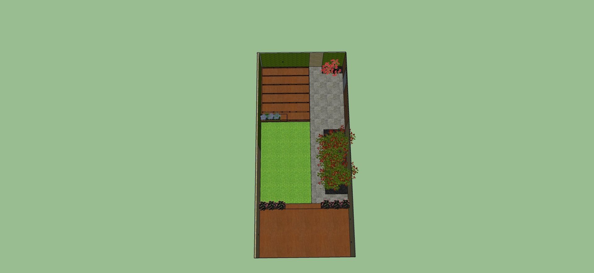 Een bovenaanzicht van een tuinontwerp met gras, paden en plantvakken, waarbij verschillende texturen en kleuren te zien zijn.