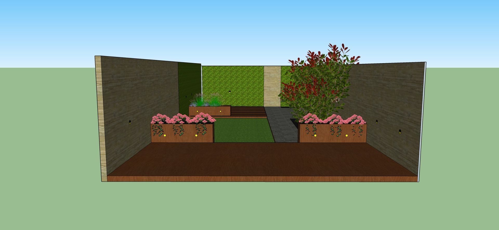 Een tuinontwerp met stenen muren, een bruin terras, gras, een pad en bloembakken met roze bloemen.